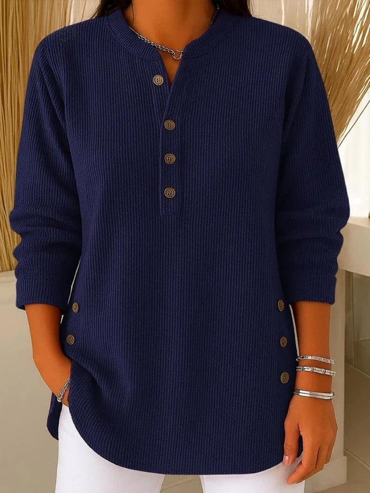 Women's Ribbed Crew Neck Sweater with Buttons - Esme - Navy