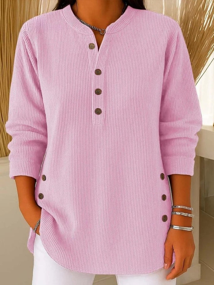 Women's Ribbed Crew Neck Sweater with Buttons - Esme - Pink