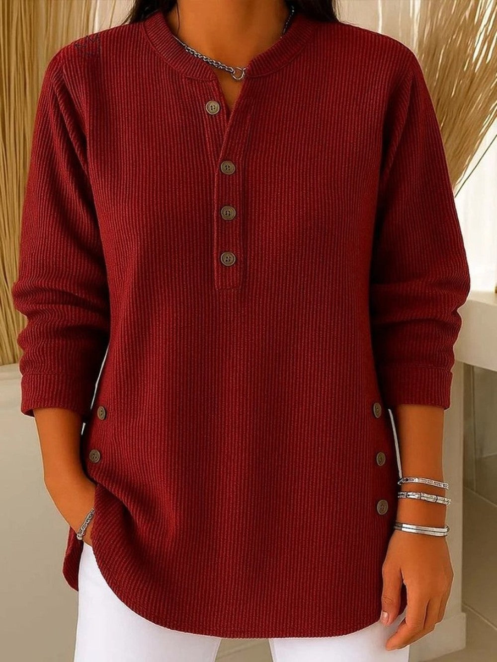 Women's Ribbed Crew Neck Sweater with Buttons - Esme - Wine Red