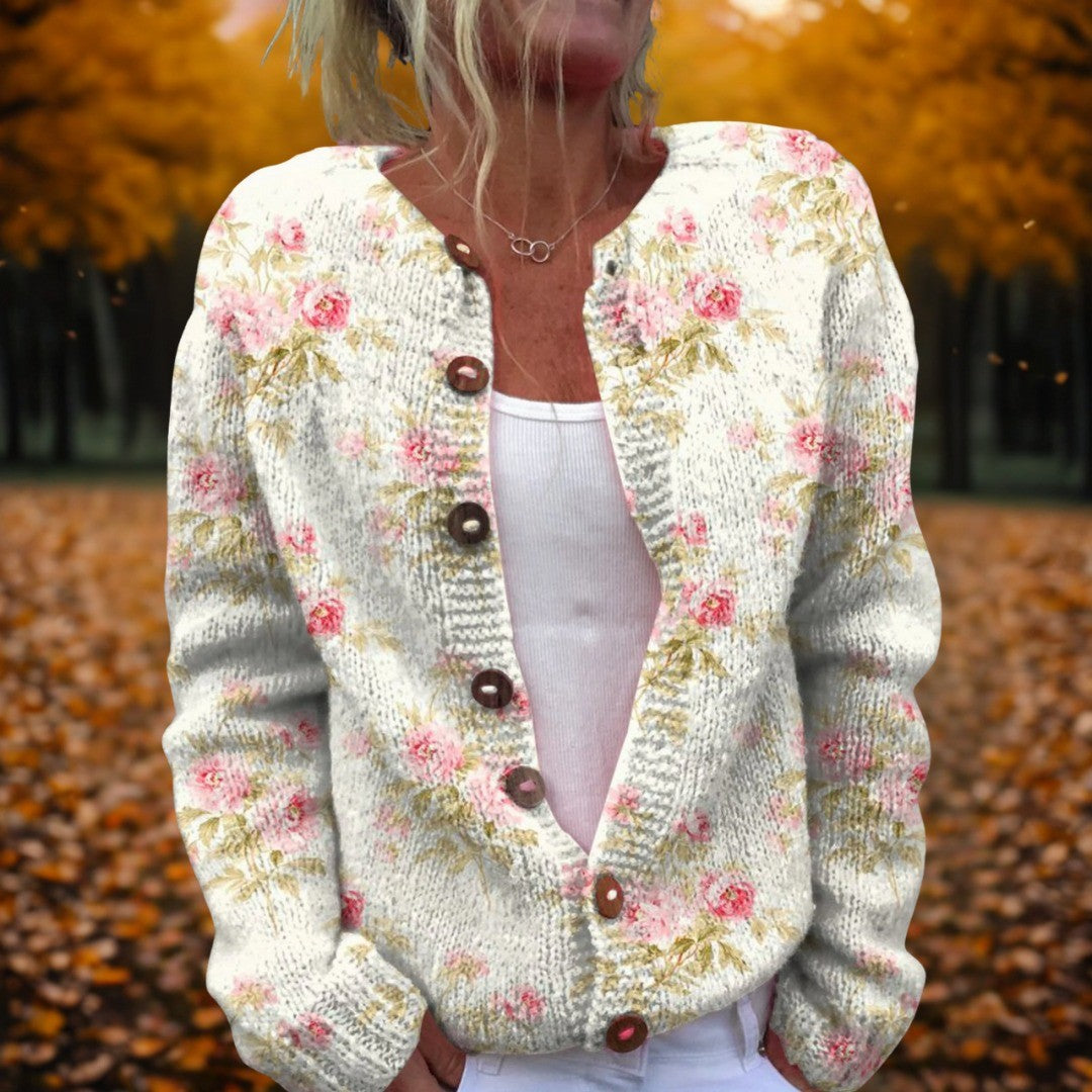 Women's Rosebud Print Button Cardigan - Oona - Cream Rosebud