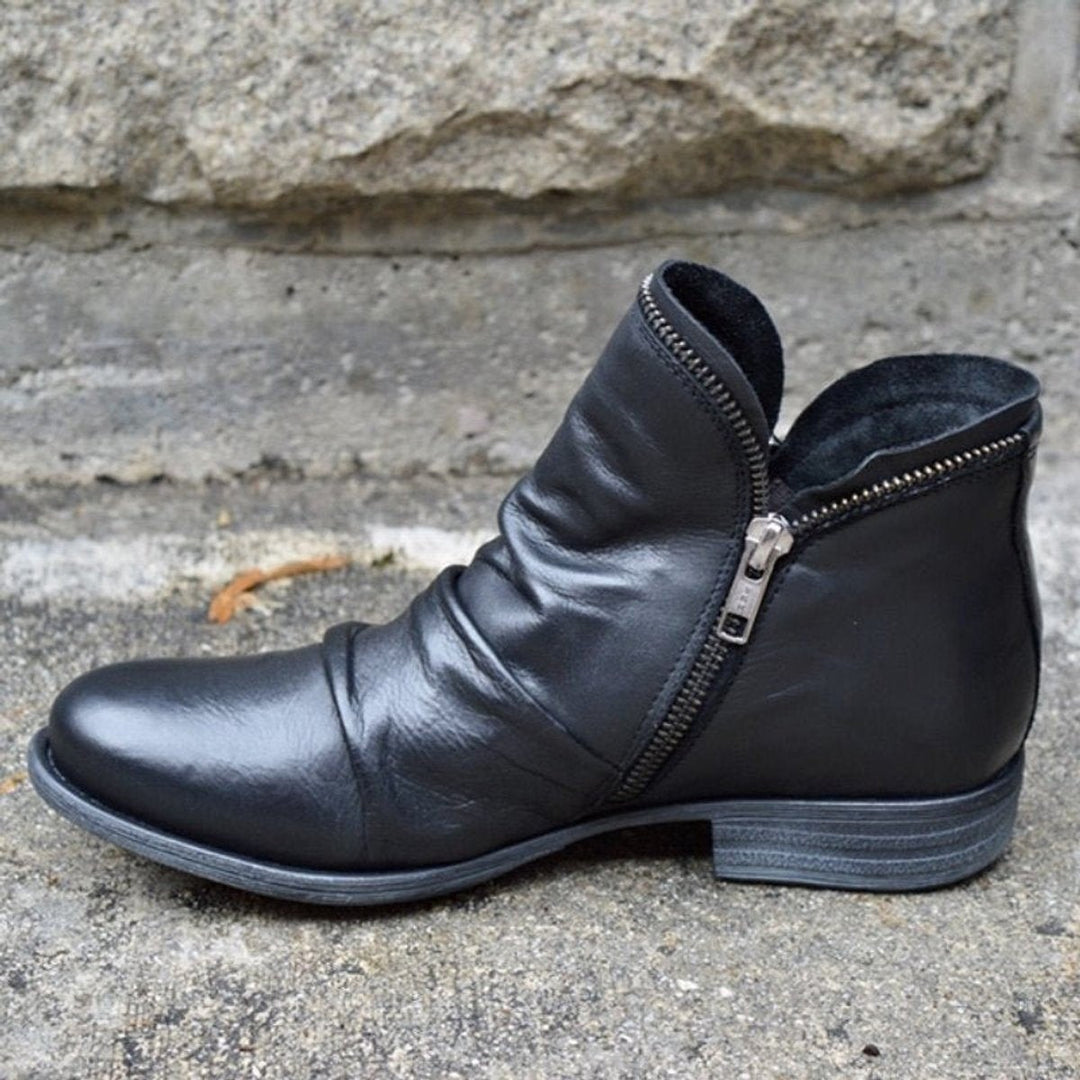 Women's Ruched Ankle Boots with Side Zip - Josie - Black