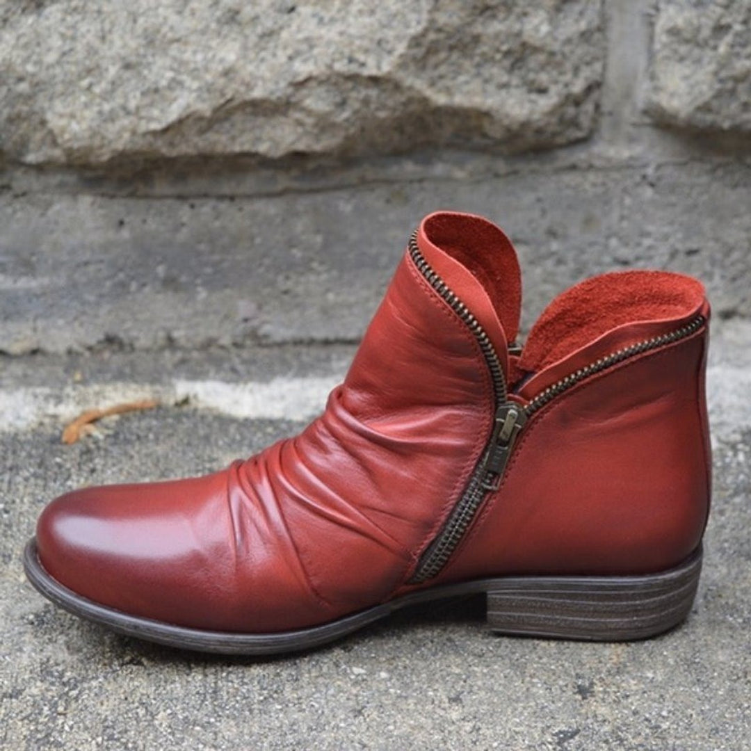 Women's Ruched Ankle Boots with Side Zip - Josie - Red