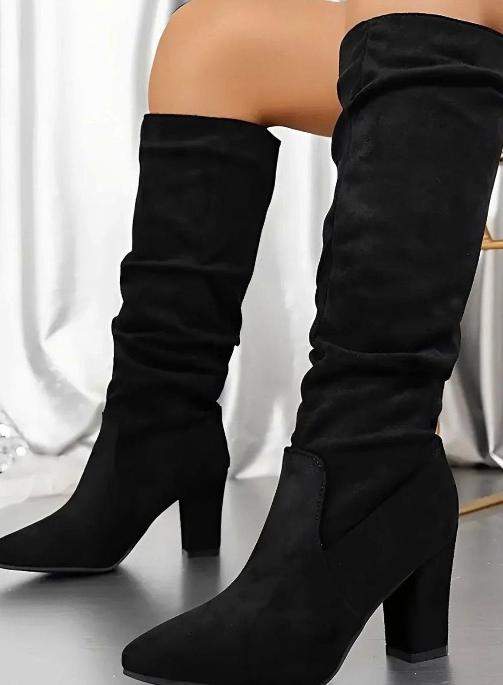 Women's Ruched Knee High Boots with Block Heel - Rosie - Black