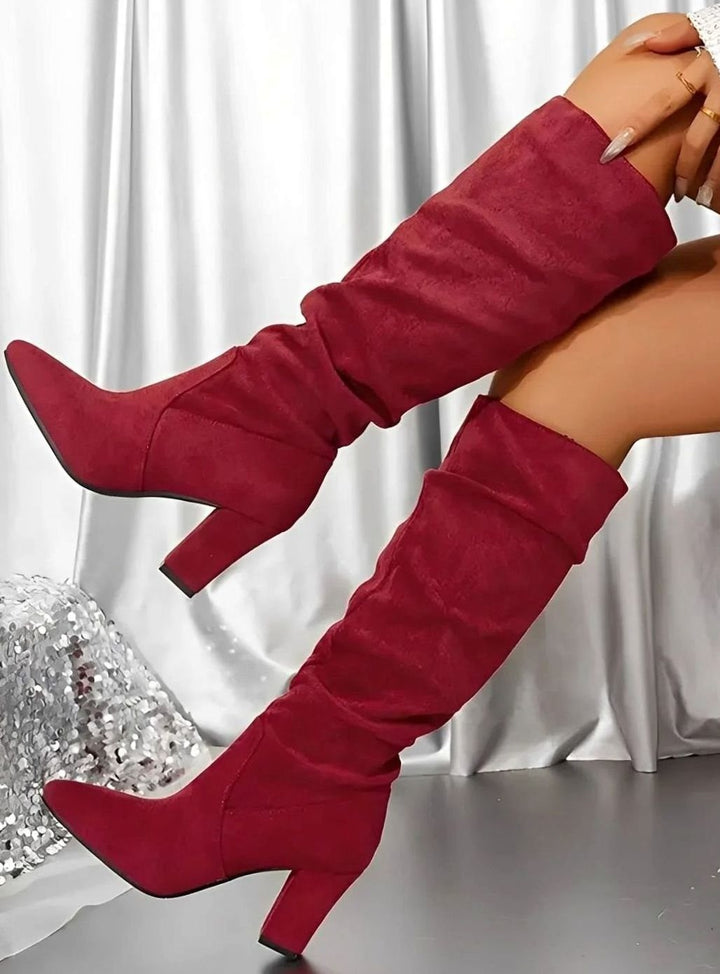 Women's Ruched Knee High Boots with Block Heel - Rosie - Burgundy