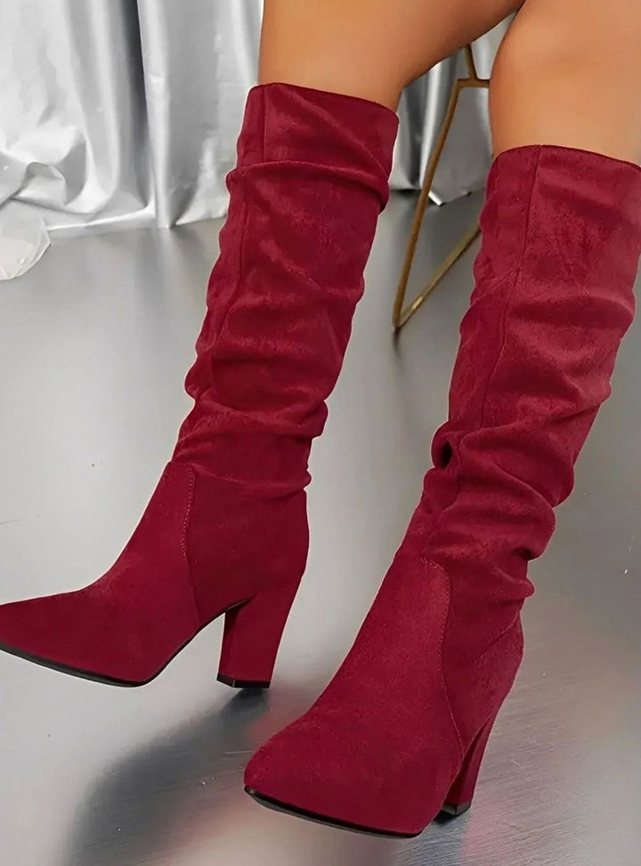 Women's Ruched Knee High Boots with Block Heel - Rosie - Burgundy