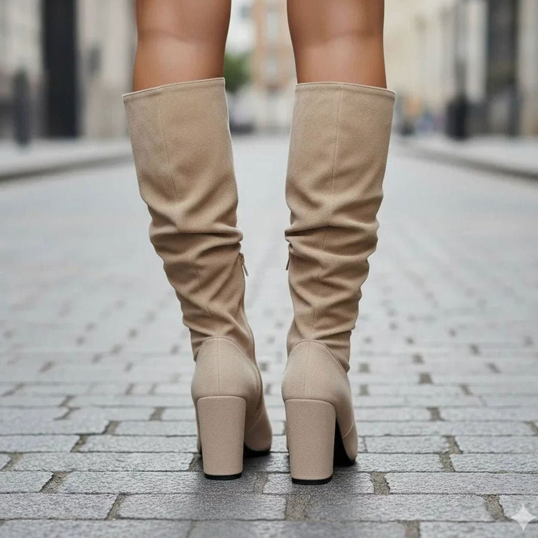 Women's Ruched Knee High Boots with Block Heel - Rosie - Sand