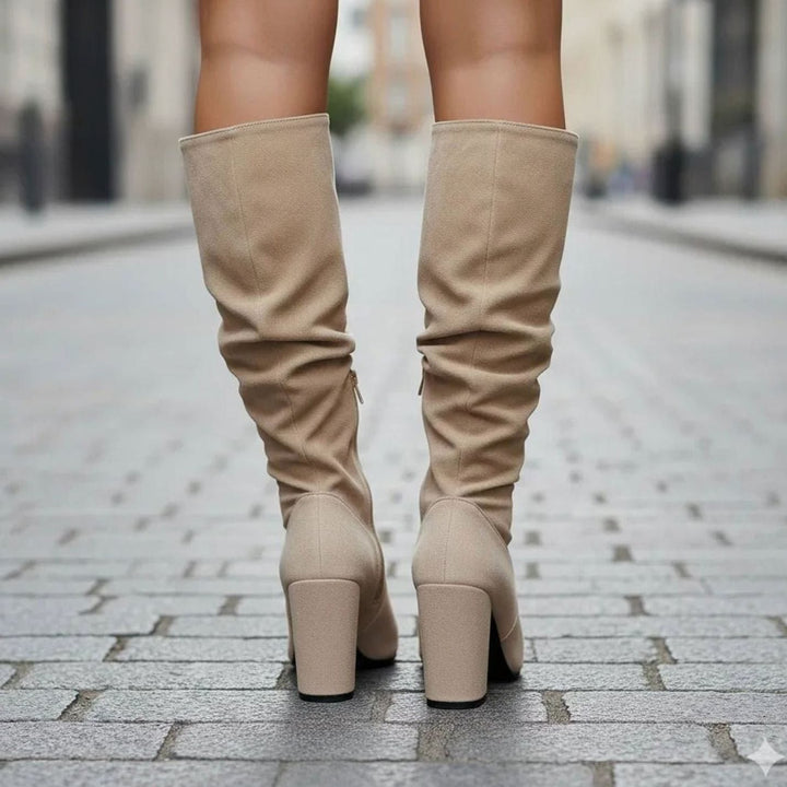 Women's Ruched Knee High Boots with Block Heel - Rosie - Sand