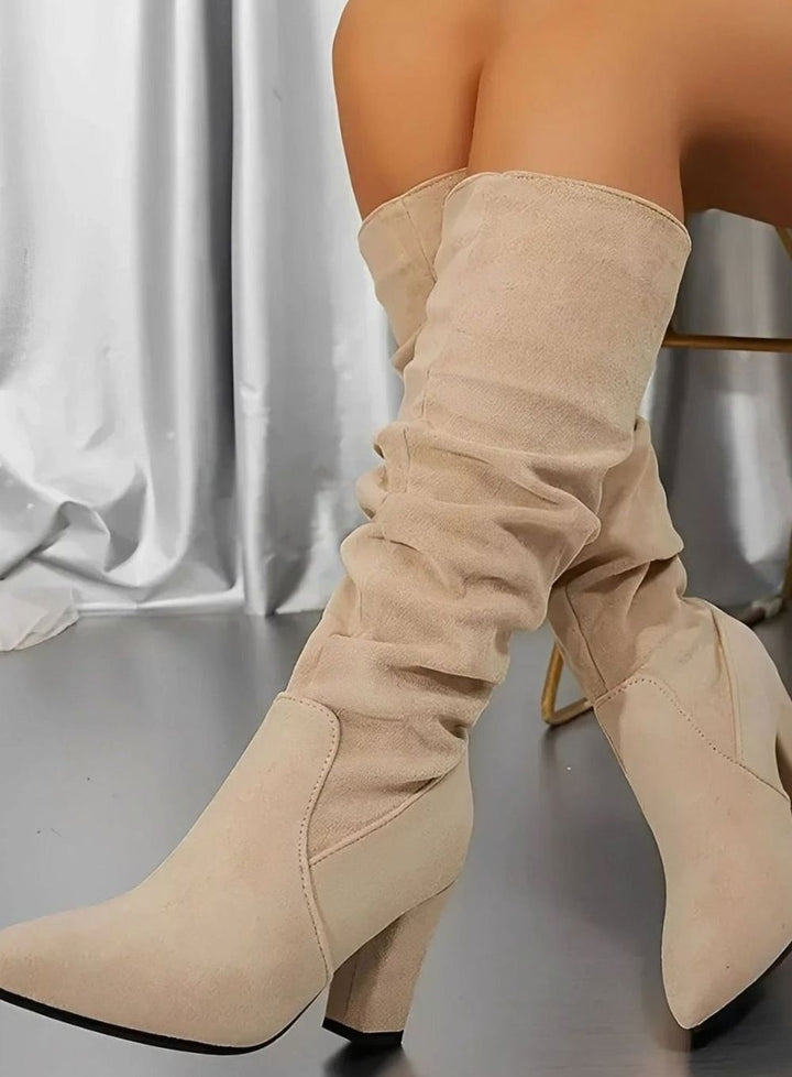 Women's Ruched Knee High Boots with Block Heel - Rosie - Sand