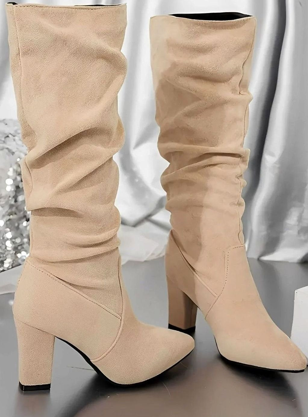 Women's Ruched Knee High Boots with Block Heel - Rosie - Sand