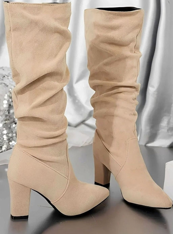 Women's Ruched Knee High Boots with Block Heel - Rosie - Sand
