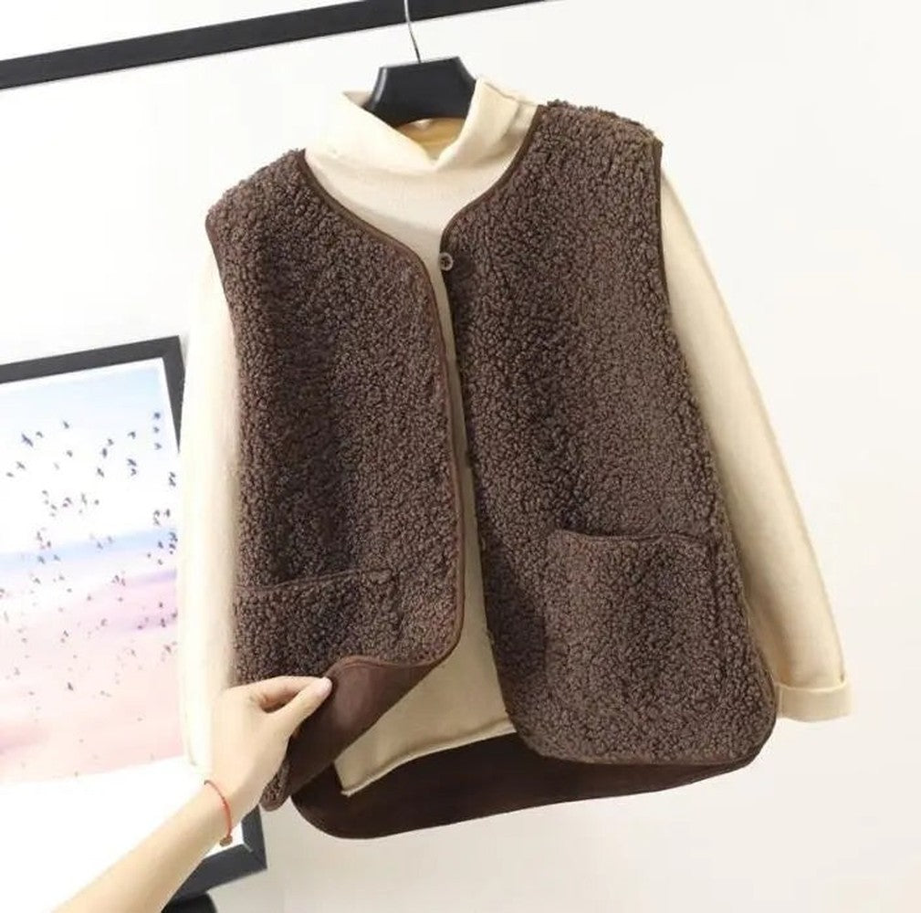 Women's Sherpa Vest with Button Front - Elodie - Brown