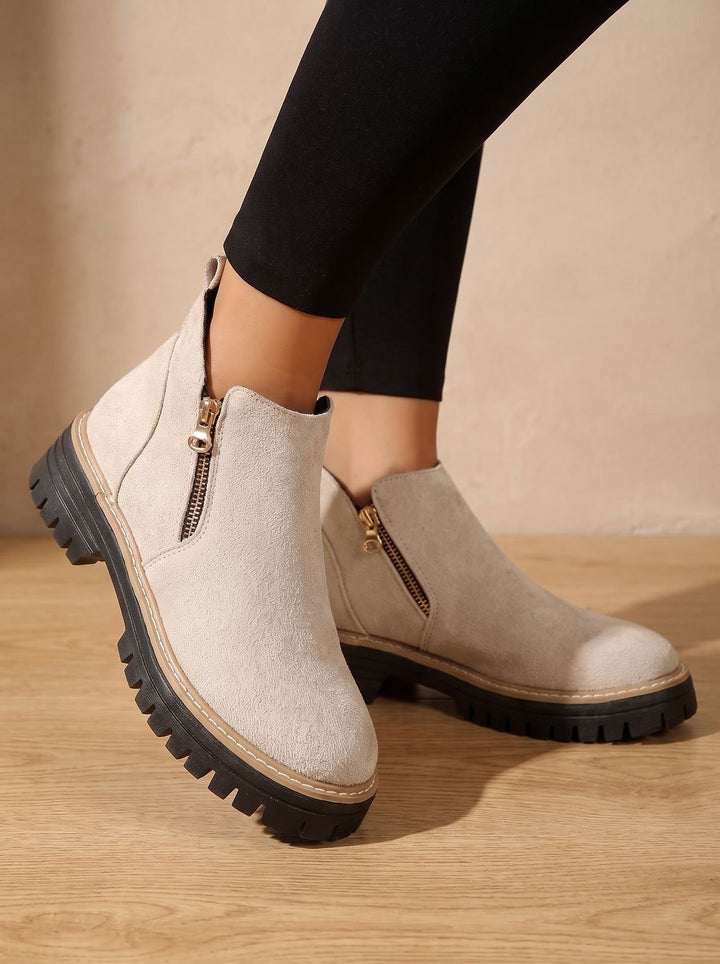 Women's Side Zip Ankle Boots with Lug Sole - Sloane - Beige