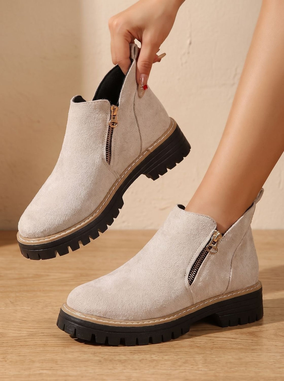 Women's Side Zip Ankle Boots with Lug Sole - Sloane - Beige