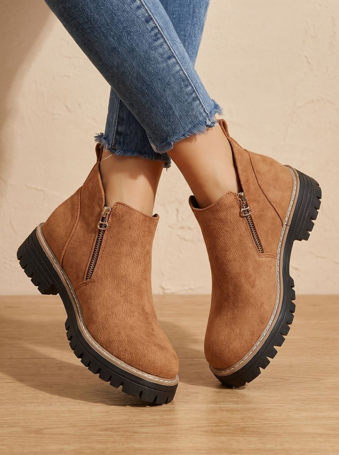 Women's Side Zip Ankle Boots with Lug Sole - Sloane - Brown