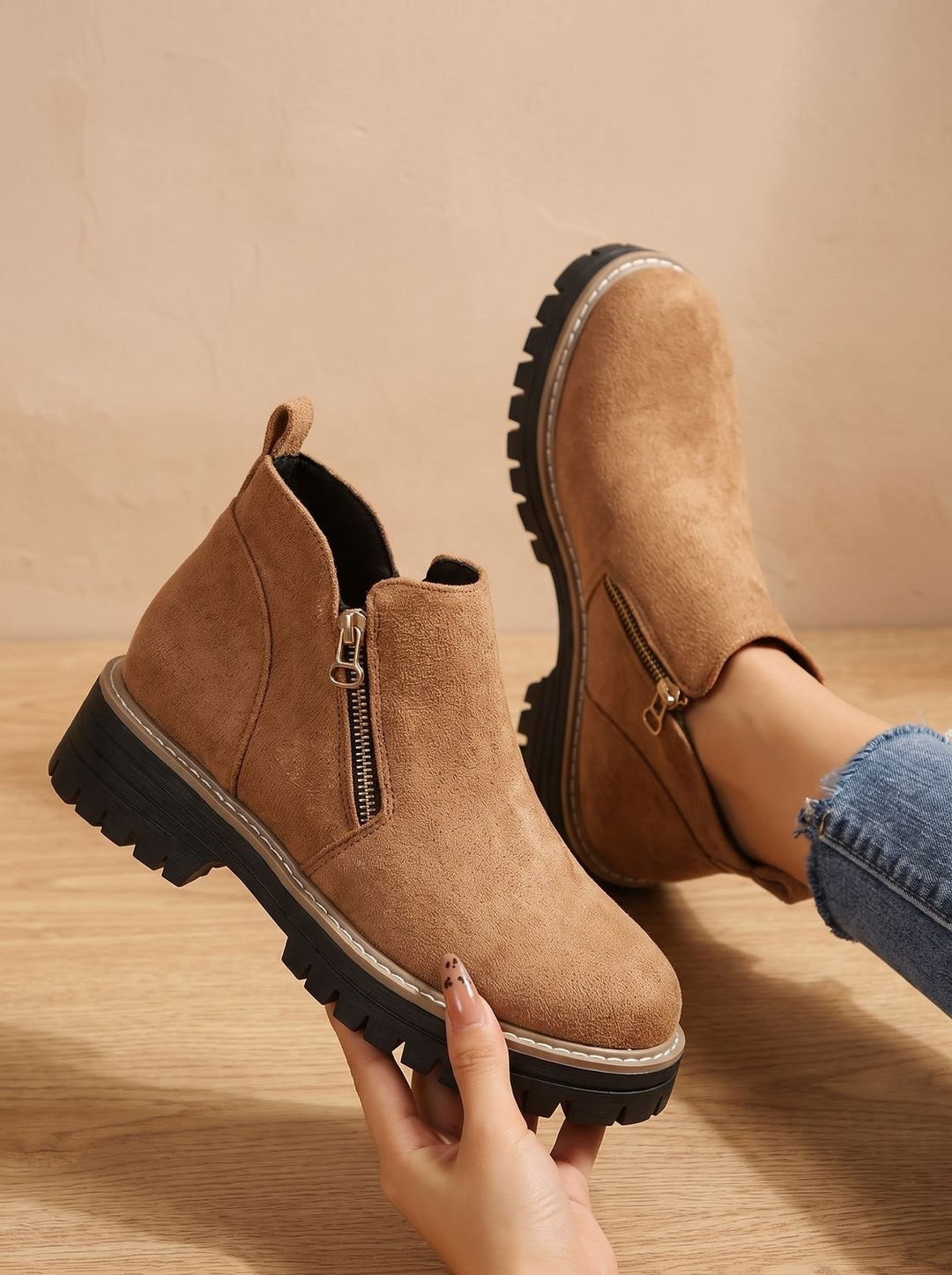 Women's Side Zip Ankle Boots with Lug Sole - Sloane - Brown