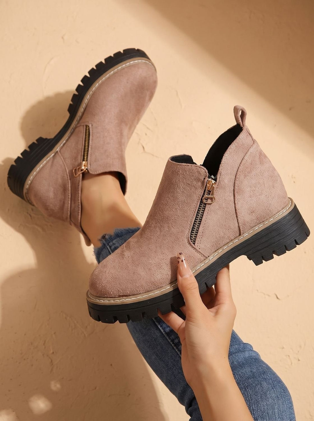 Women's Side Zip Ankle Boots with Lug Sole - Sloane - Dusty Pink