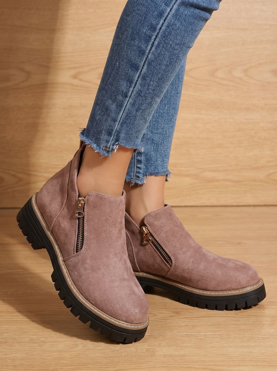 Women's Side Zip Ankle Boots with Lug Sole - Sloane - Dusty Pink