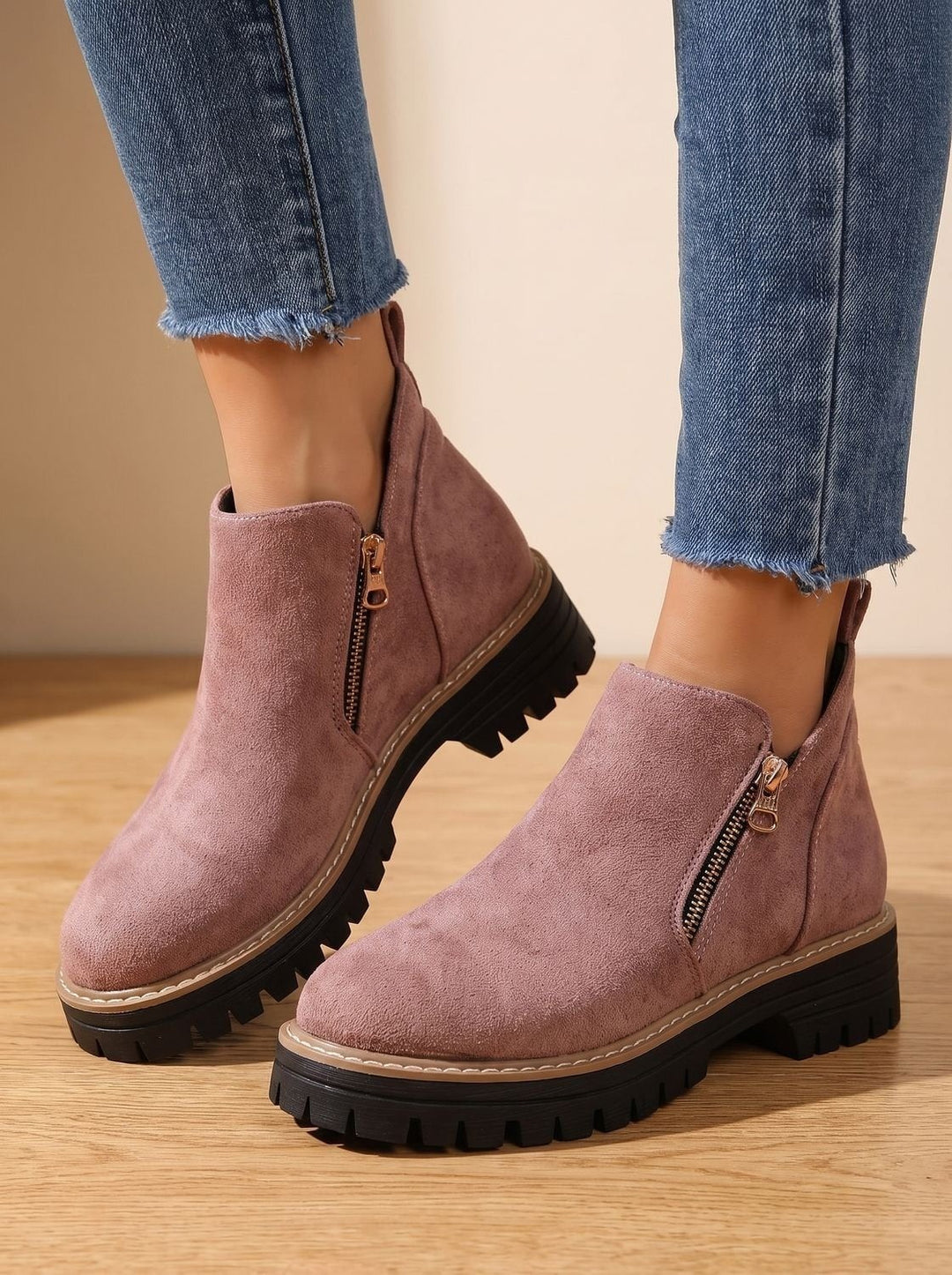 Women's Side Zip Ankle Boots with Lug Sole - Sloane - Dusty Pink