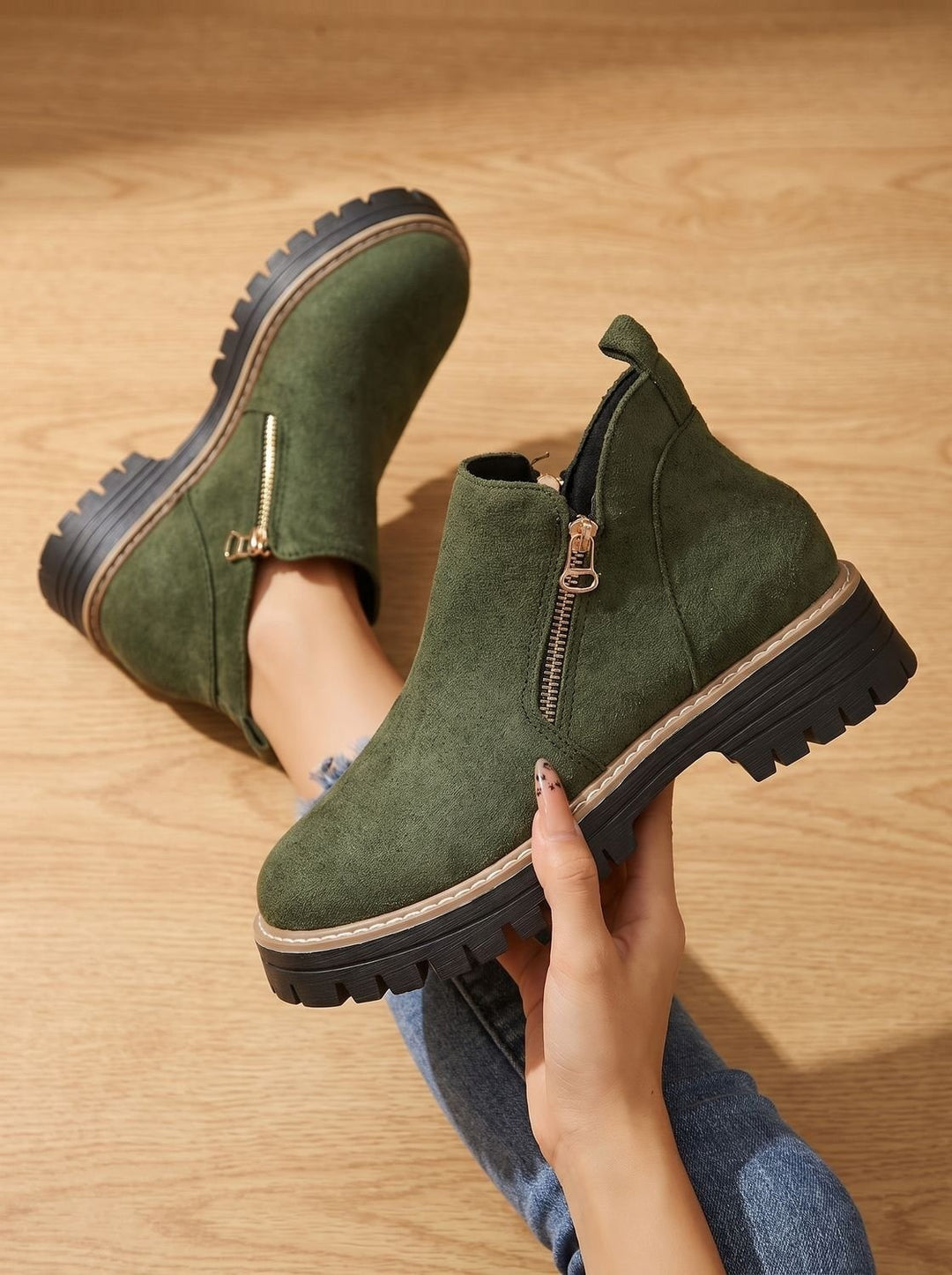 Women's Side Zip Ankle Boots with Lug Sole - Sloane - Green