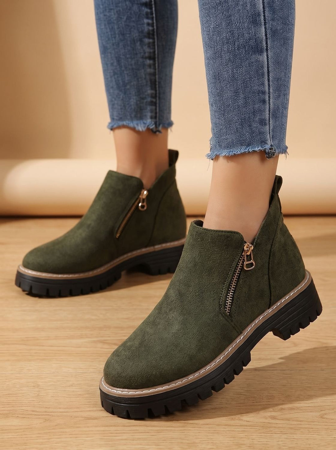 Women's Side Zip Ankle Boots with Lug Sole - Sloane - Green
