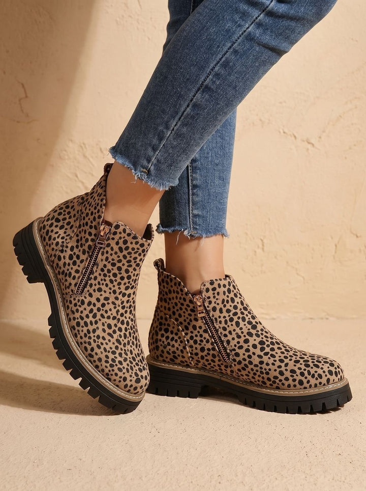 Women's Side Zip Ankle Boots with Lug Sole - Sloane - Leopard