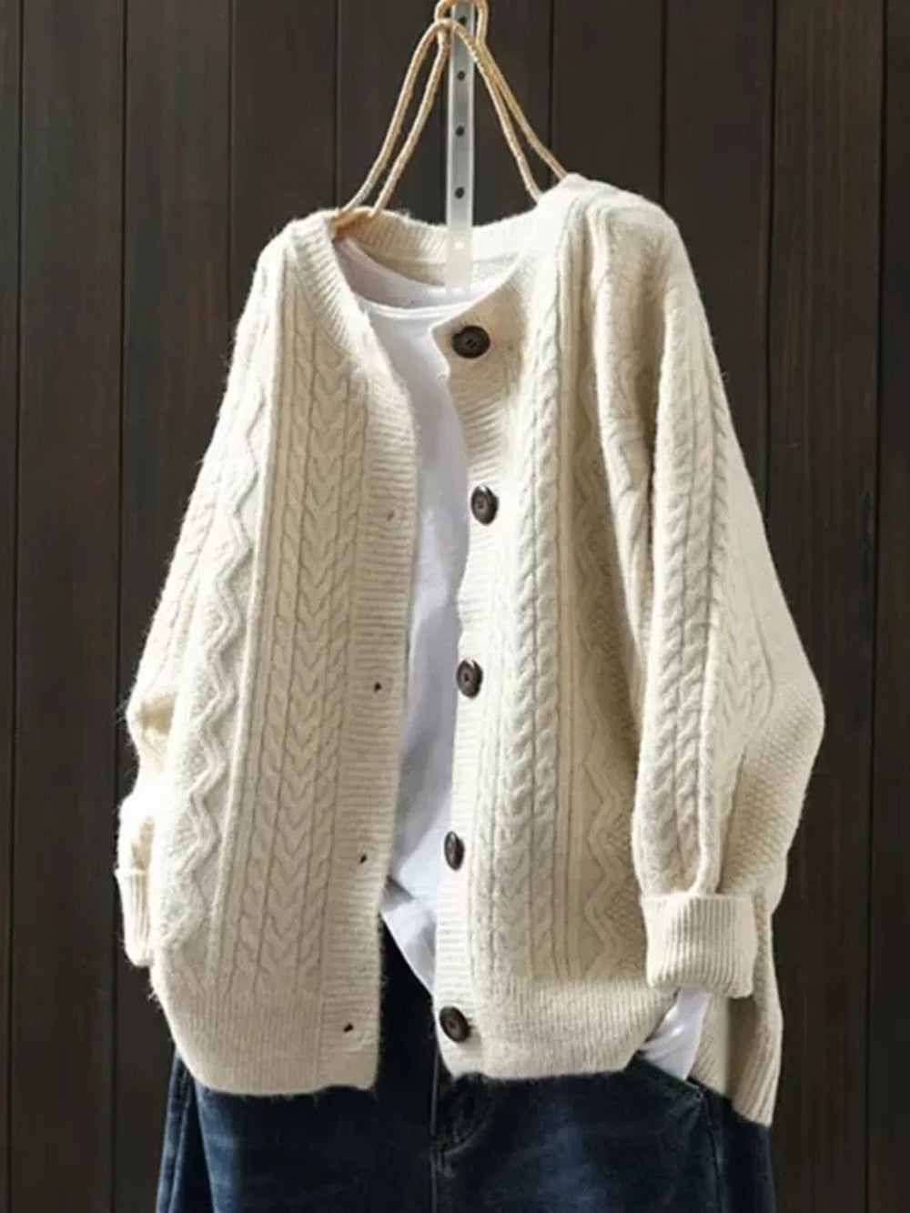 Women's Slouchy Cable Knit Cardigan with Big Buttons - Isla - Cream