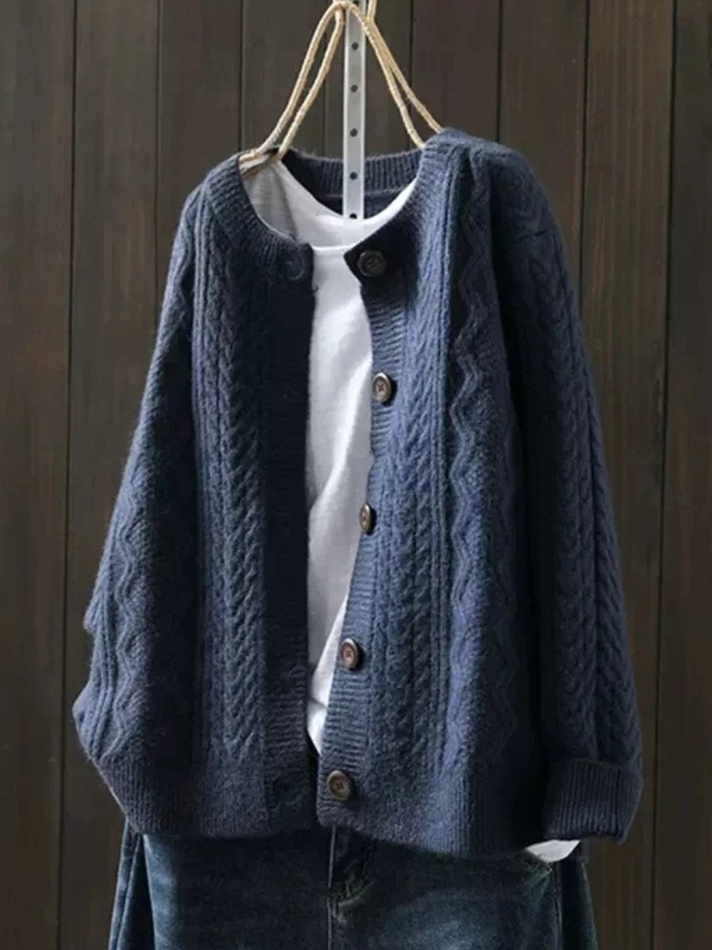 Women's Slouchy Cable Knit Cardigan with Big Buttons - Isla - Navy