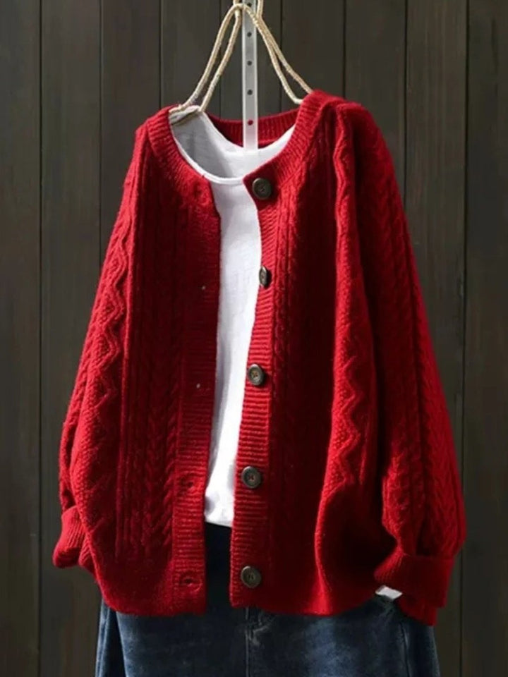 Women's Slouchy Cable Knit Cardigan with Big Buttons - Isla - Red