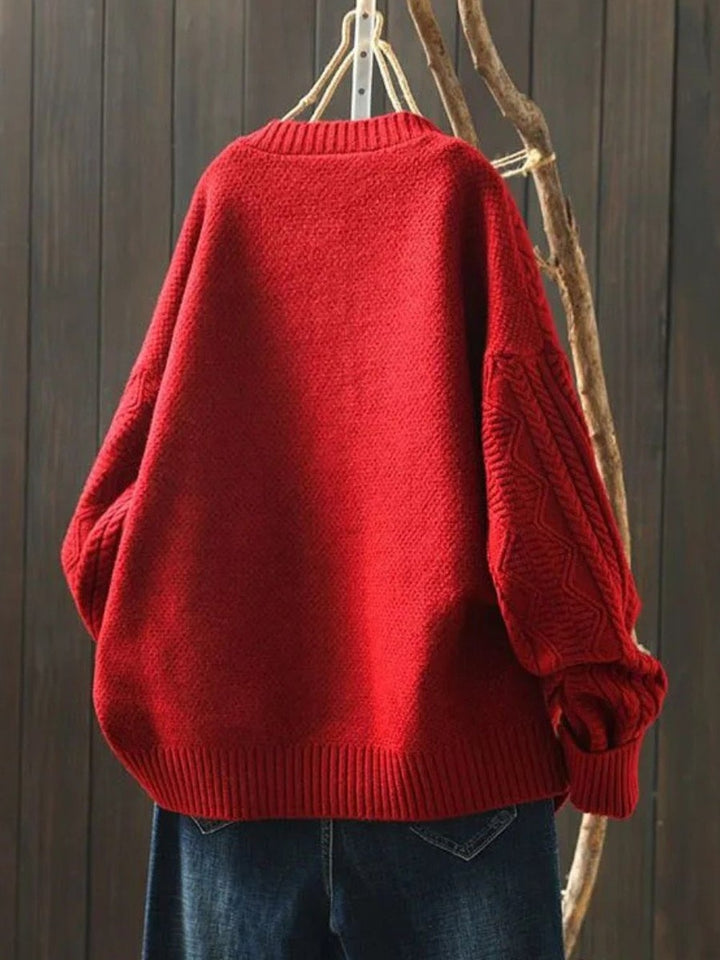 Women's Slouchy Cable Knit Cardigan with Big Buttons - Isla - Red