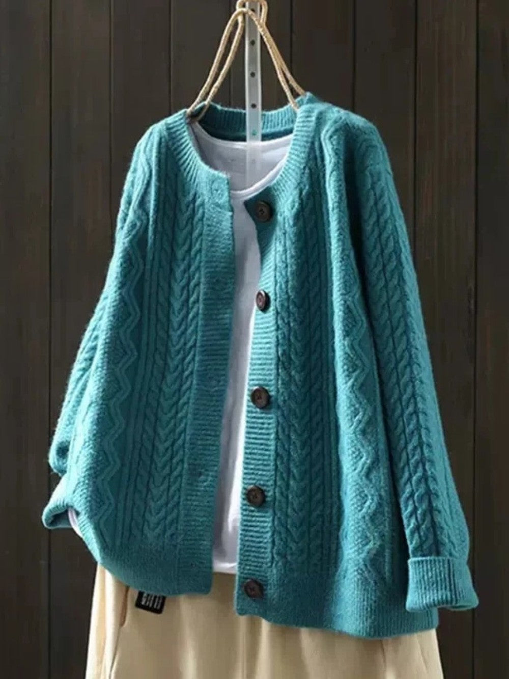 Women's Slouchy Cable Knit Cardigan with Big Buttons - Isla - Teal