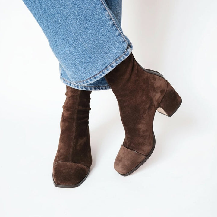 Women's Square Toe Ankle Boots with Block Heel - Helena - Dark Brown