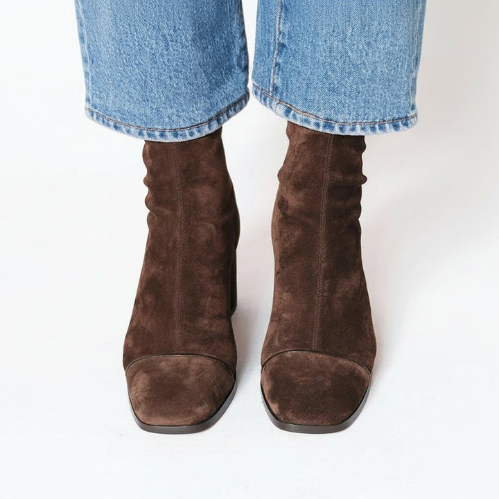 Women's Square Toe Ankle Boots with Block Heel - Helena - Dark Brown