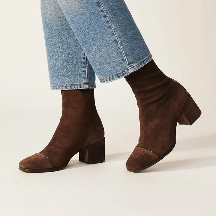 Women's Square Toe Ankle Boots with Block Heel - Helena - Dark Brown