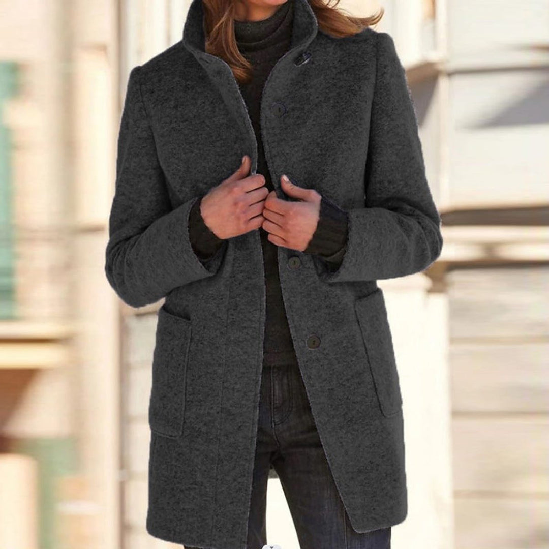 Women's Stand Collar Coat with Button Front - Orla - Charcoal