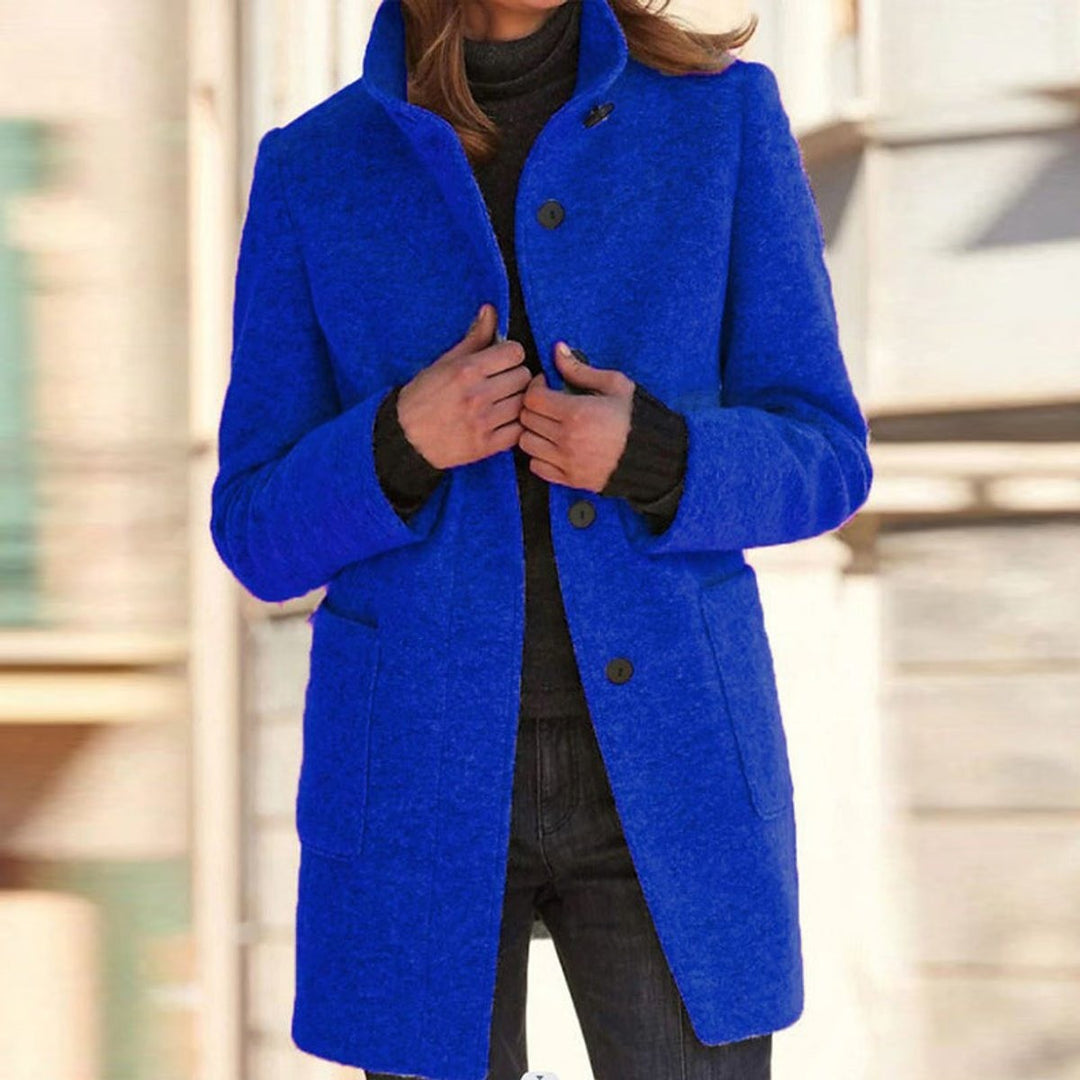 Women's Stand Collar Coat with Button Front - Orla - Cobalt