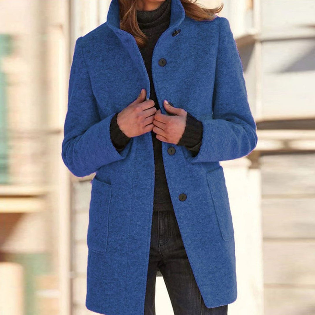 Women's Stand Collar Coat with Button Front - Orla - Denim Blue