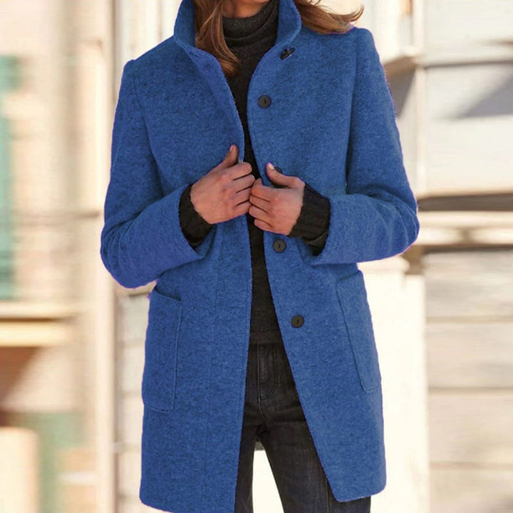 Women's Stand Collar Coat with Button Front - Orla - Denim Blue