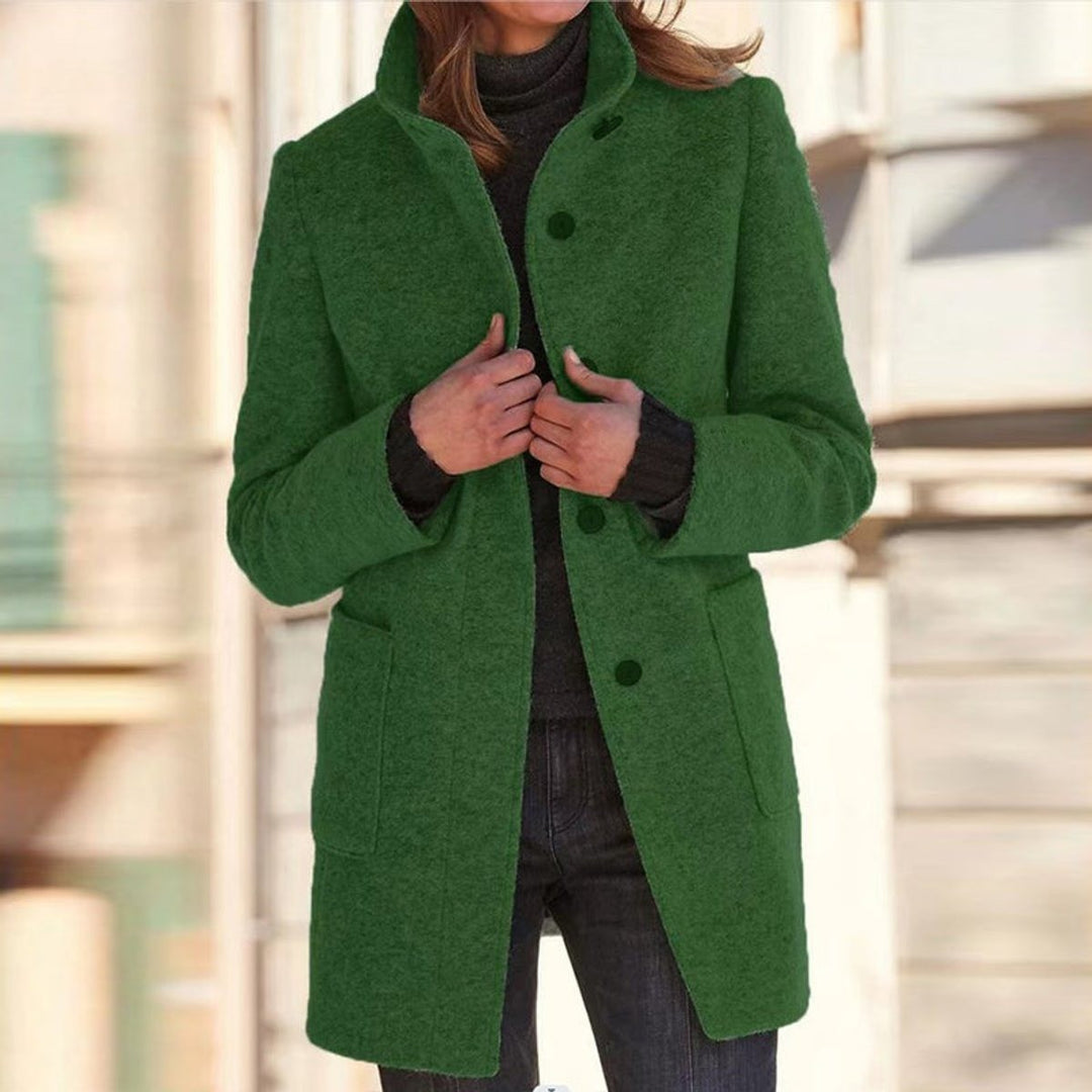 Women's Stand Collar Coat with Button Front - Orla - Emerald