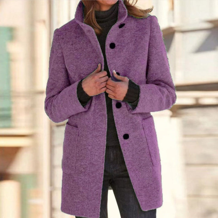 Women's Stand Collar Coat with Button Front - Orla - Plum