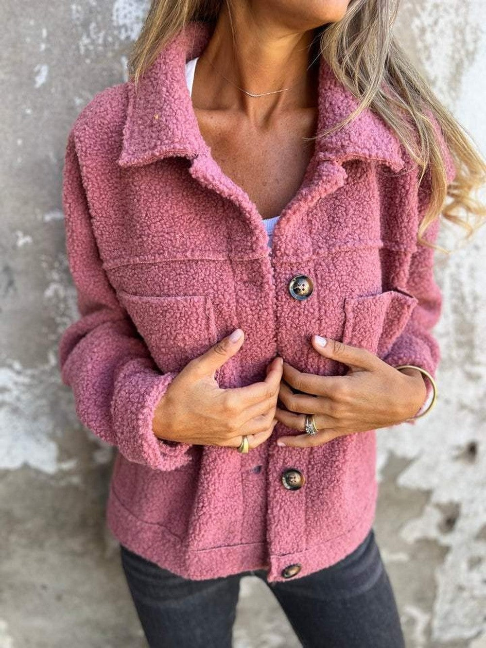 Women's Teddy Jacket with Chest Pockets - Ivy - Dusty Pink
