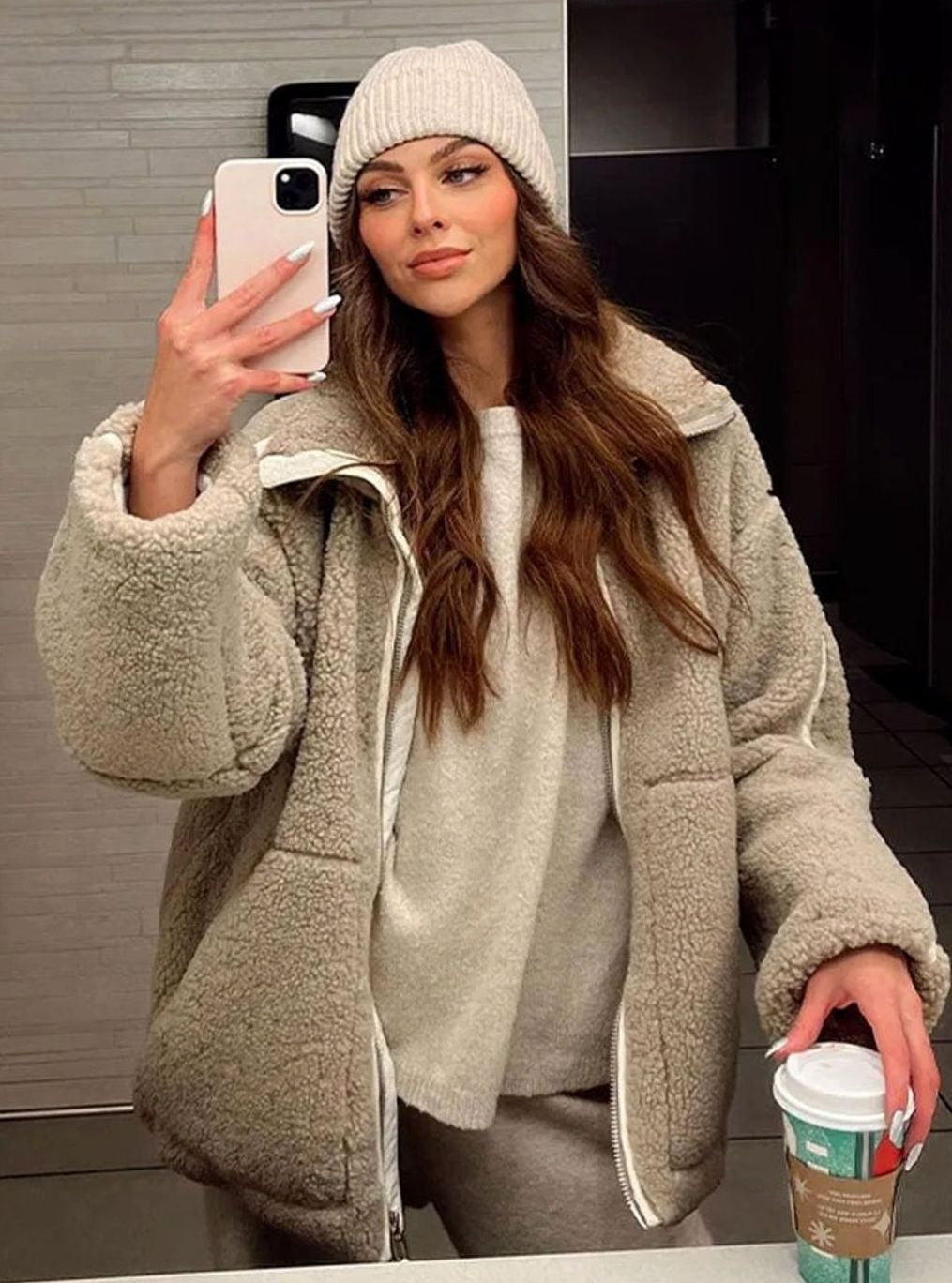 Women's Teddy Jacket with High Neck - Estelle - Beige