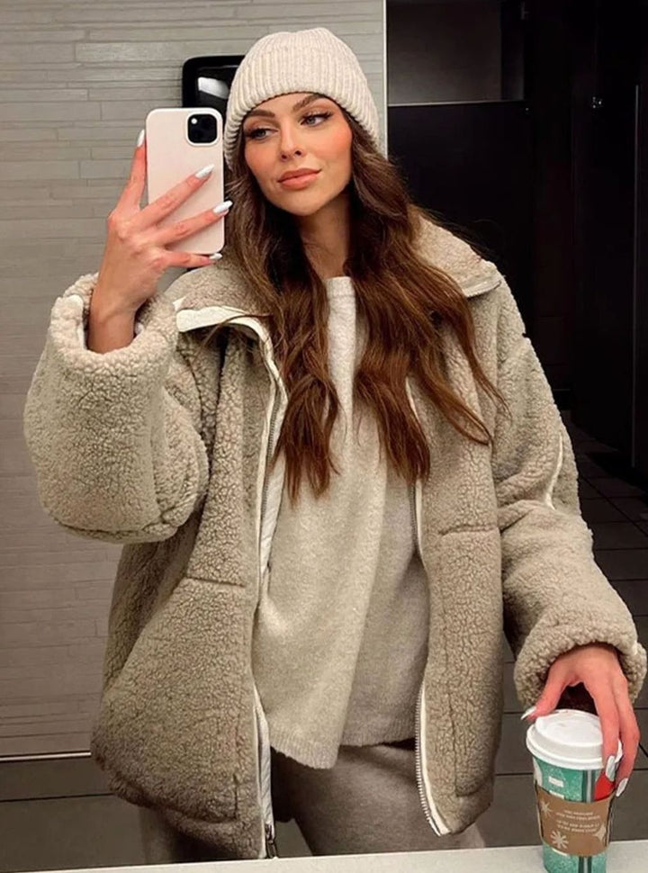 Women's Teddy Jacket with High Neck - Estelle - Beige