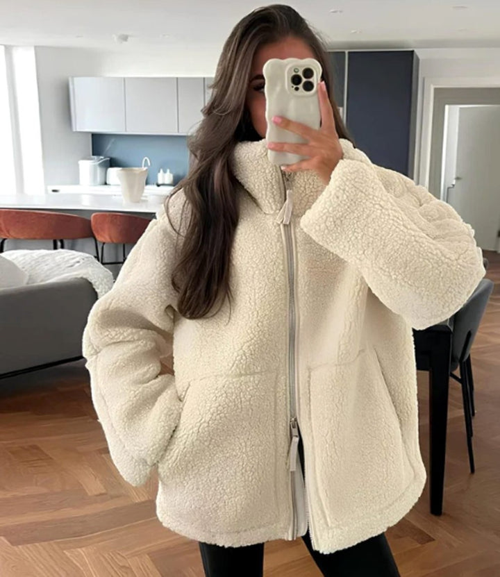 Women's Teddy Jacket with High Neck - Estelle - White