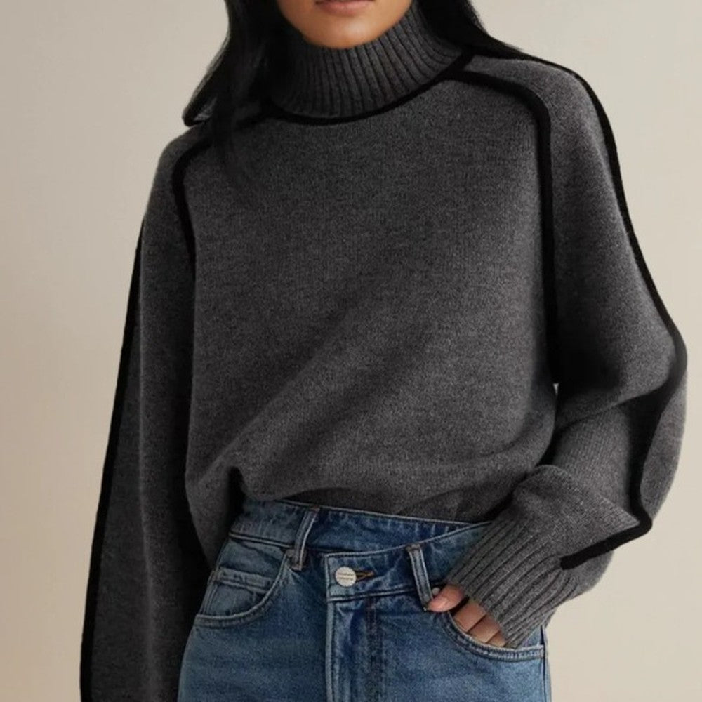 Women's Turtleneck Sweater with Contrast Piping - Cleo - Charcoal