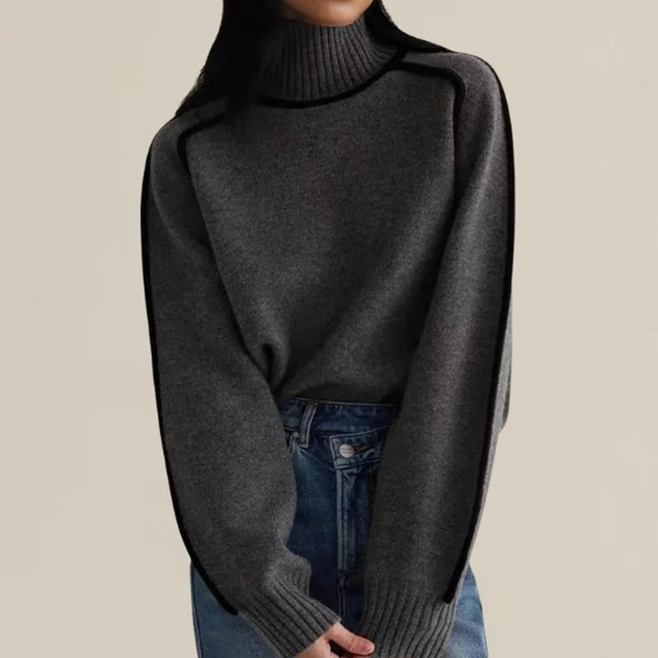 Women's Turtleneck Sweater with Contrast Piping - Cleo - Charcoal