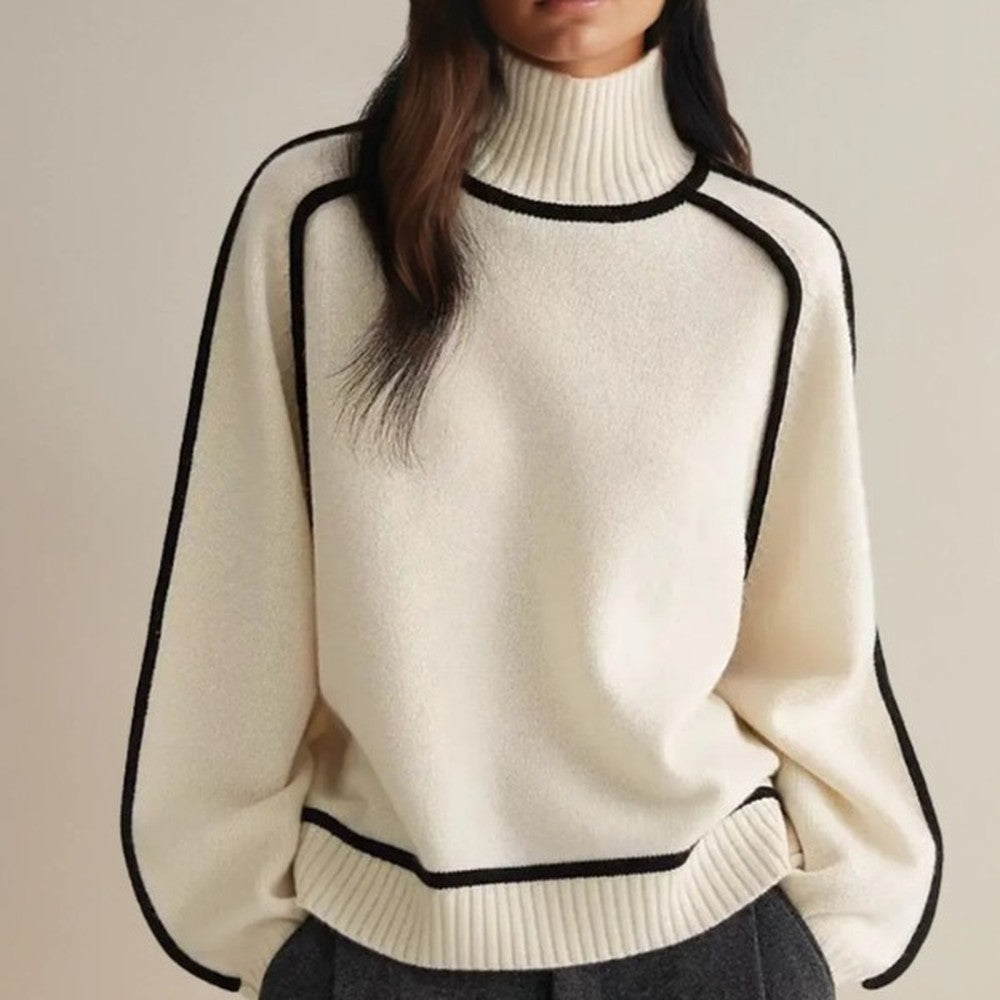 Women's Turtleneck Sweater with Contrast Piping - Cleo - Cream