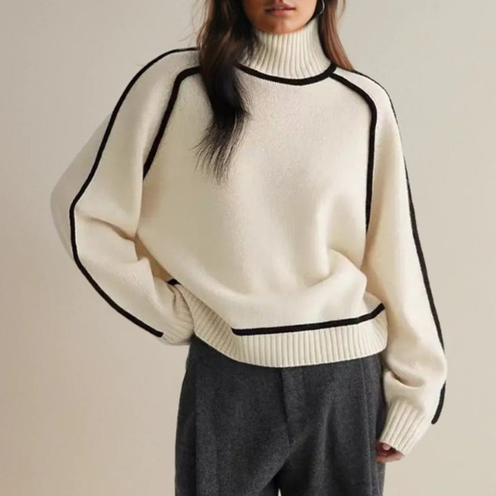 Women's Turtleneck Sweater with Contrast Piping - Cleo - Cream