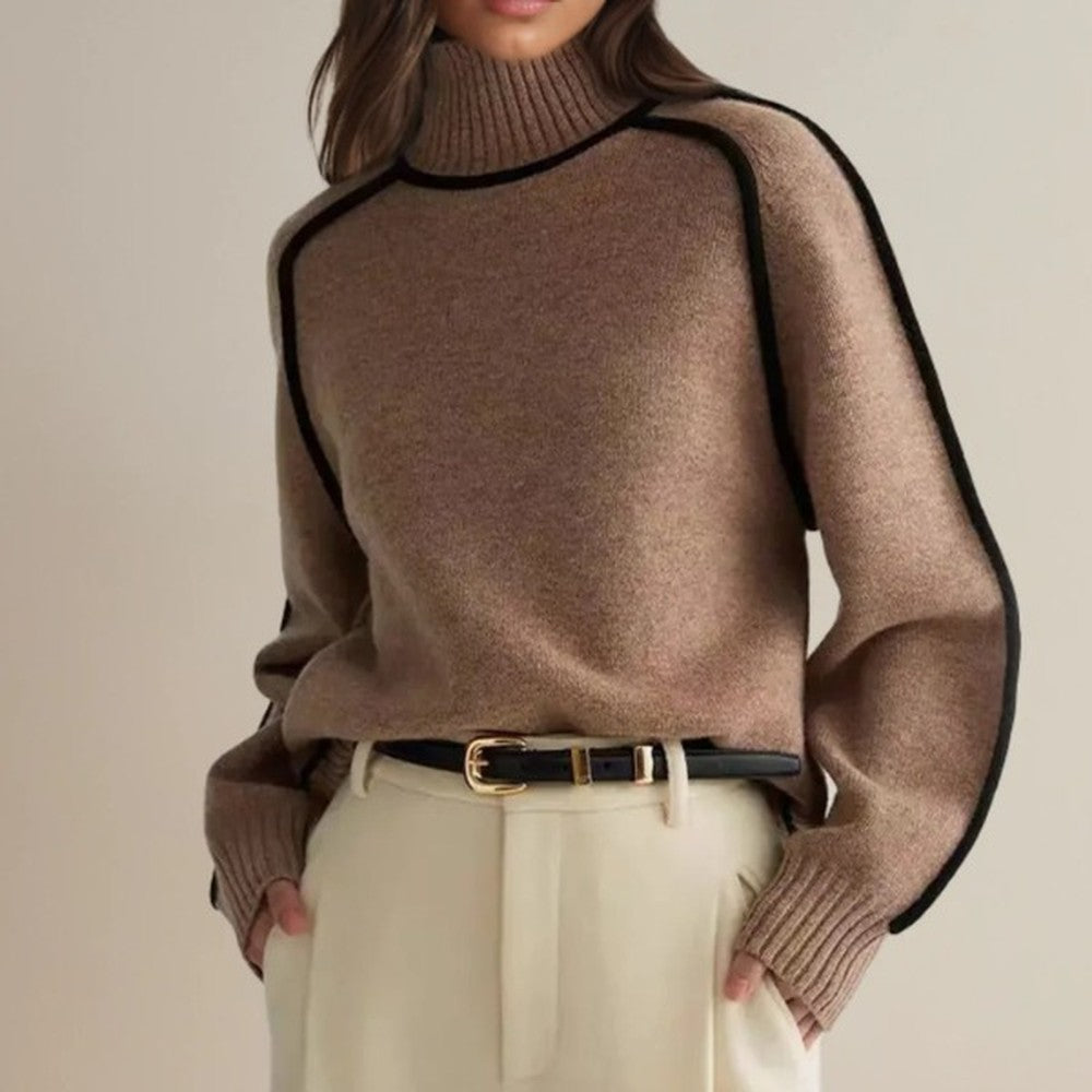 Women's Turtleneck Sweater with Contrast Piping - Cleo - Mocha