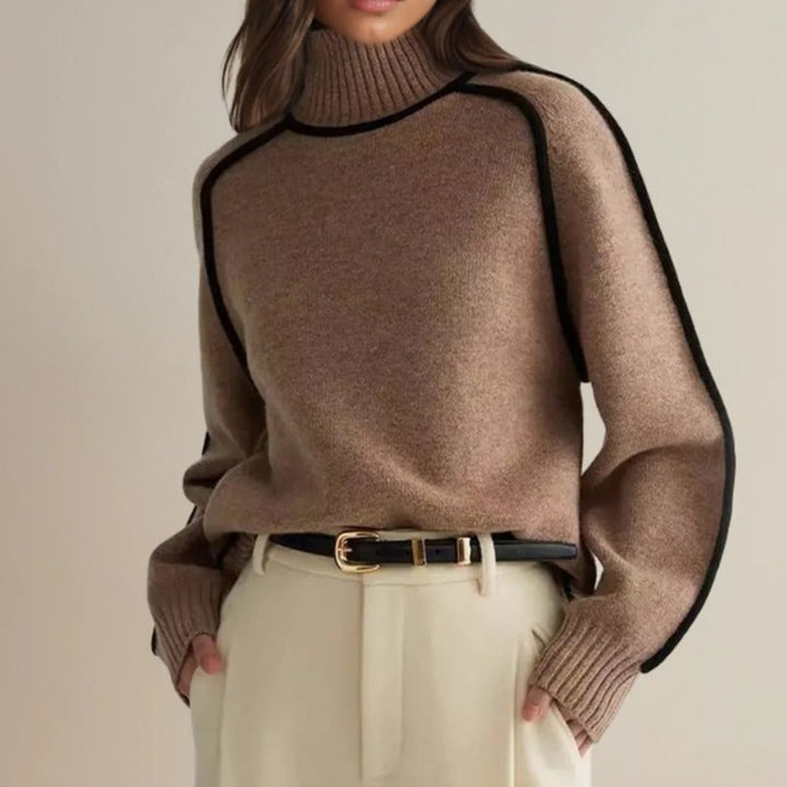 Women's Turtleneck Sweater with Contrast Piping - Cleo - Mocha