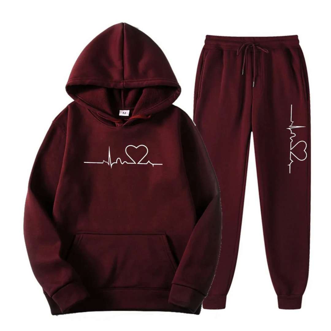 Women's Two Piece Jogger Set with Heartbeat Hoodie - Bess - Dark Brown